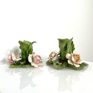 Spring | Set 2 Capodimonte Ceramic Floral Candlestick Candle Holder | Flawed Gem